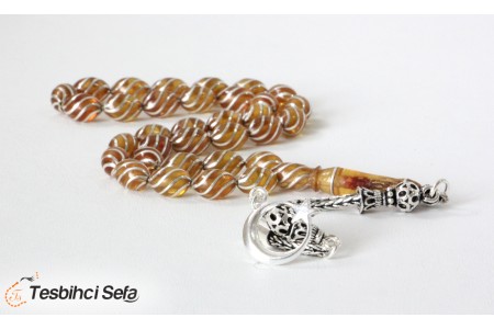 Çeşmi Bülbül Gümüş İşlemeli Özel Yapım Kehribar Tesbih