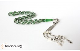 Çeşmi Bülbül Gümüş İşlemeli Özel Yapım Yeşil Kehribar Tesbih
