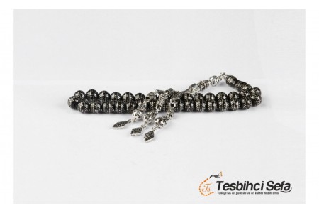 Yoğun Gümüş İşlemeli Oltu Tesbih - Özel Çalışma 