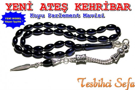 Ateş Kehribar Tesbih - Koyu Parlement Mavisi