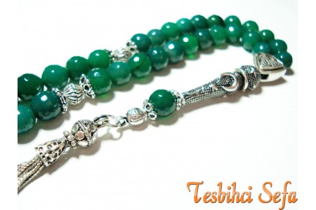 Gümüş Aksesuarlı Yeşil Akik Tesbih
